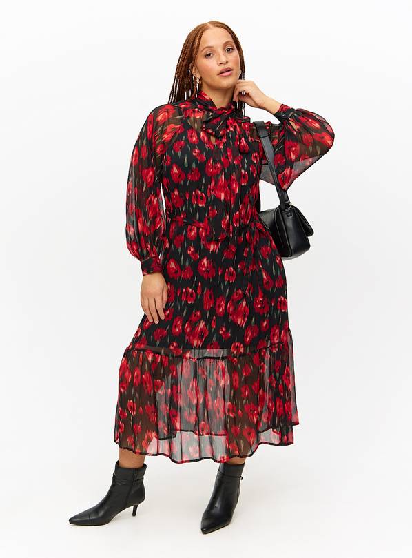 Rose Printed Tie-Neck Long Sleeve Midaxi Dress 16