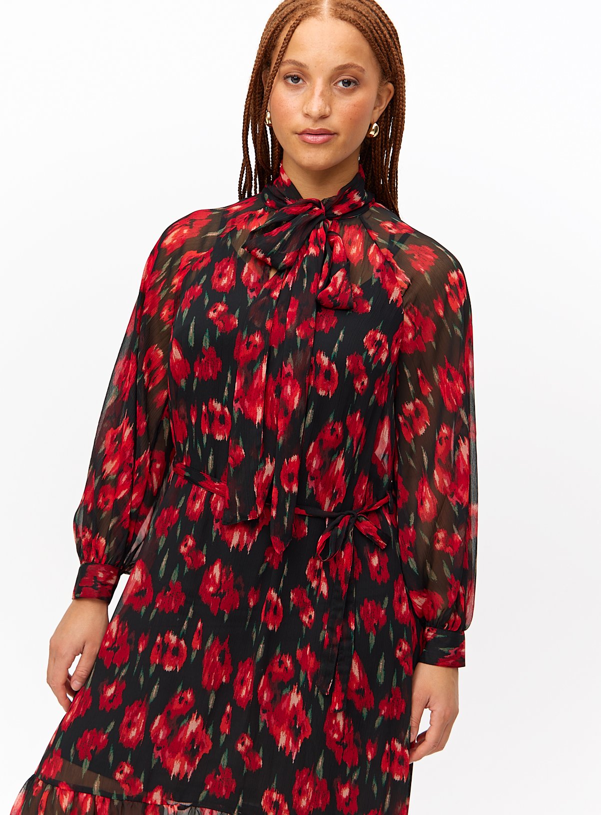 Rose Printed Tie-Neck Long Sleeve Midaxi Dress 16 - Image 2 thumbnail