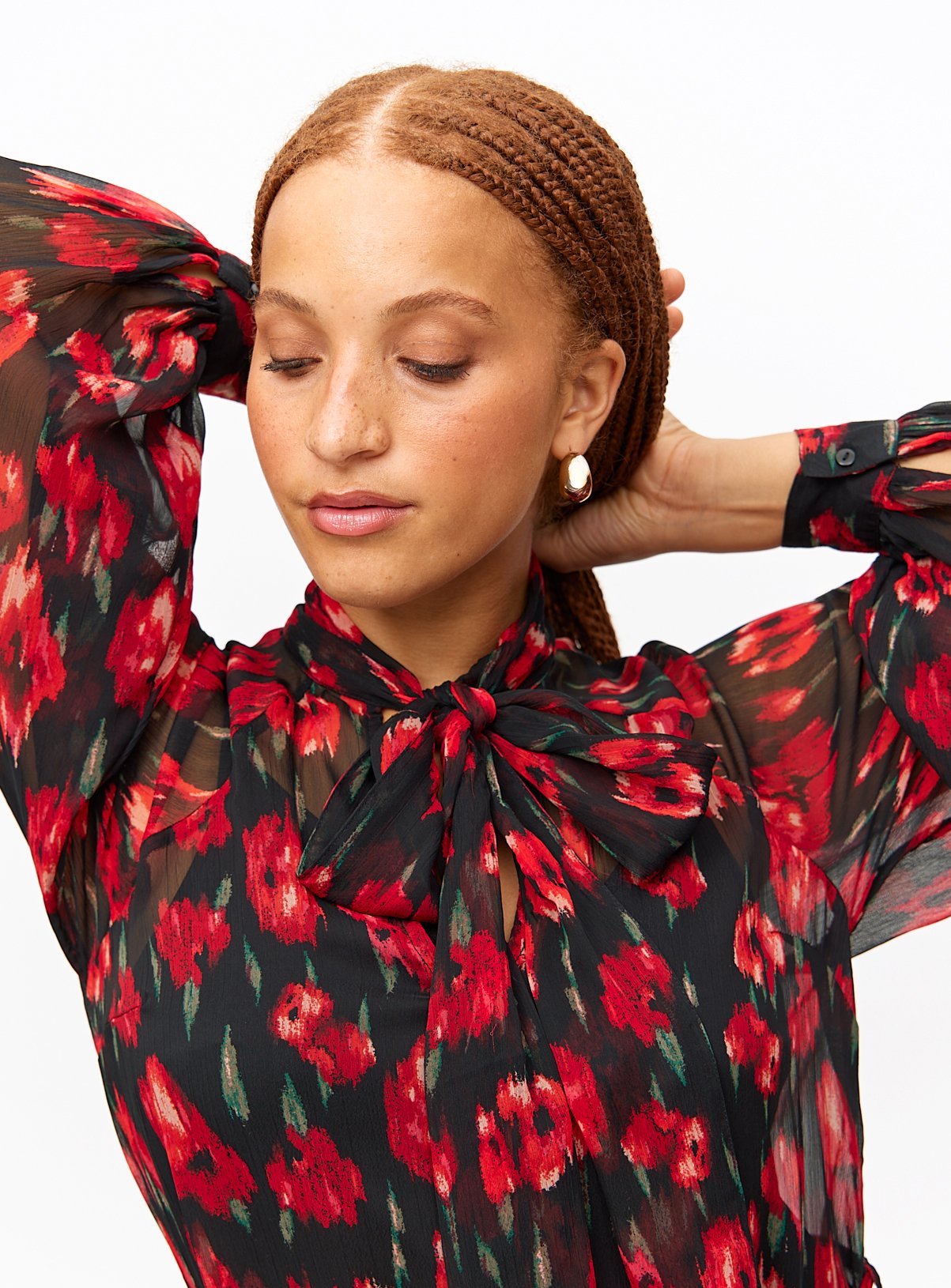 Rose Printed Tie-Neck Long Sleeve Midaxi Dress 16 - Image 4 thumbnail