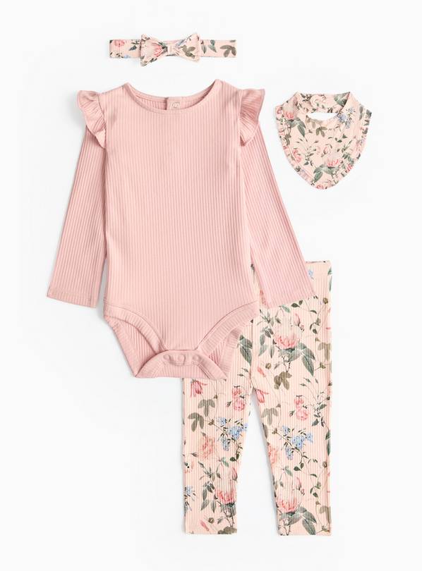 Pink Floral Print Ribbed 4-Piece Set  Up to 3 mths