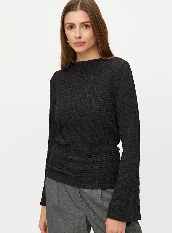 Black Slash Neck Textured Long Sleeve Top 24