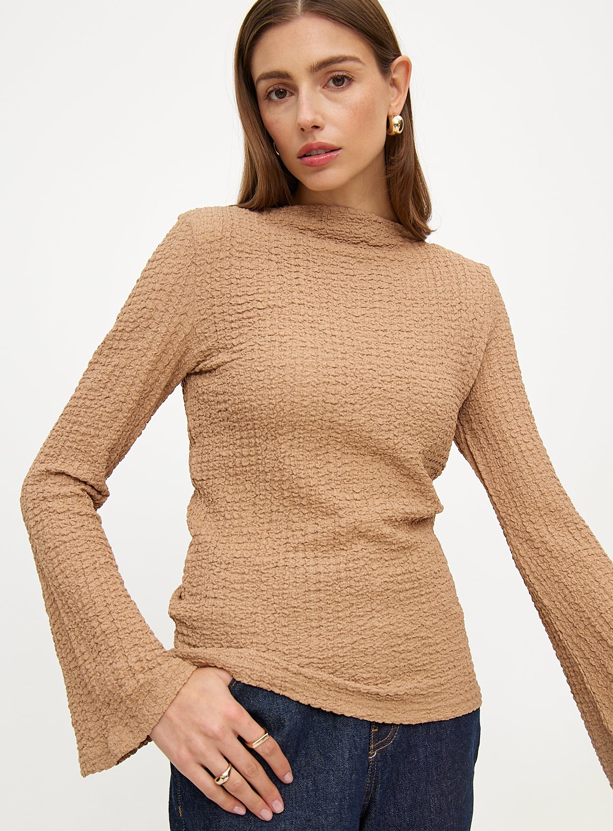 Tan Slash Neck Textured Long Sleeve Top 26