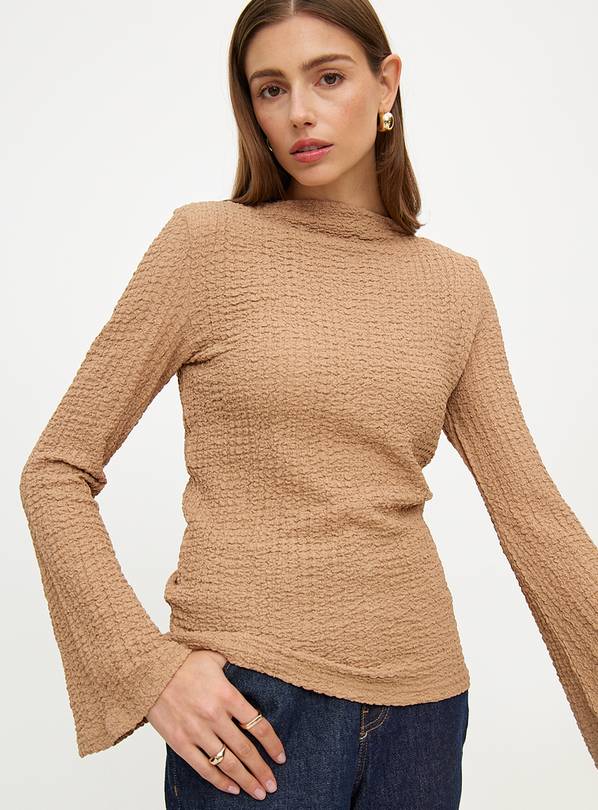 Tan Slash Neck Textured Long Sleeve Top 18