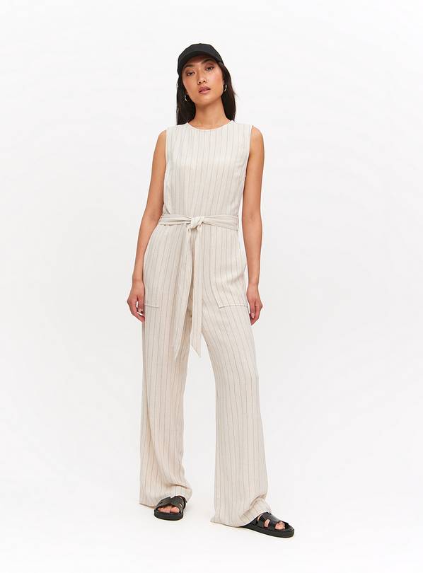 Cream Stripe Linen Blend Sleeveless Belted Jumpsuit 14