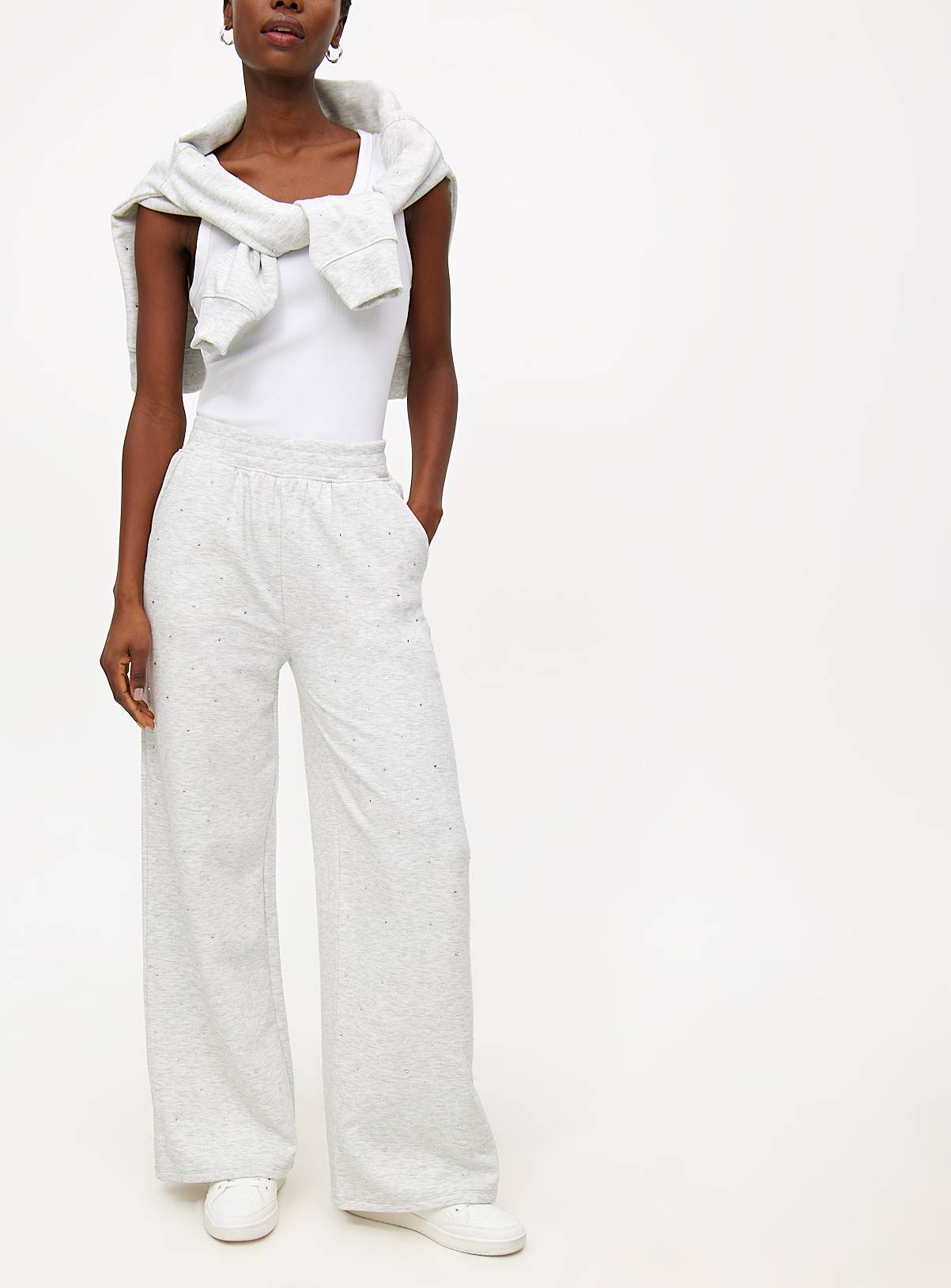 Grey Marl Diamante Wide Leg Coord Joggers M - Image 1