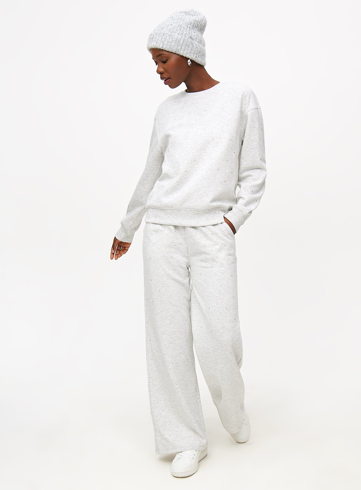 Grey Marl Diamante Wide Leg Coord Joggers M - Image 2 thumbnail