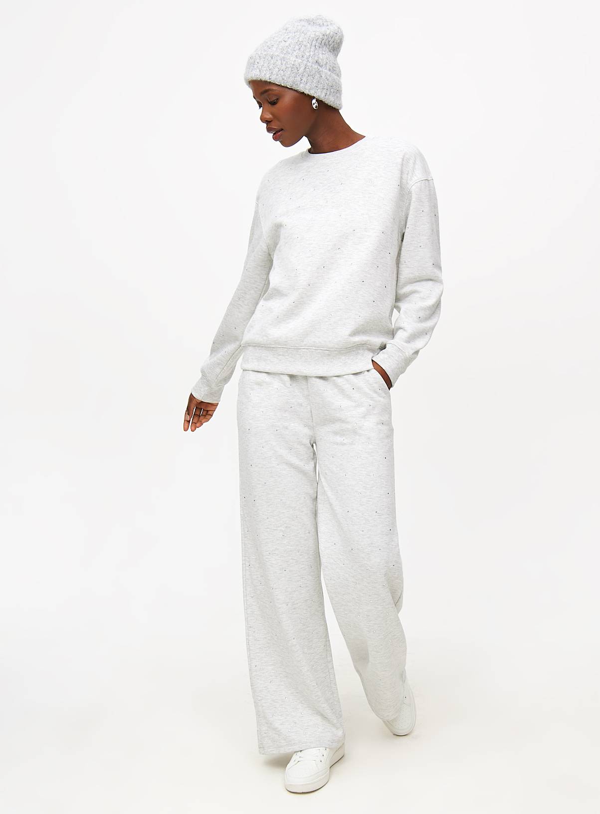 Grey Marl Diamante Wide Leg Coord Joggers M - Image 2
