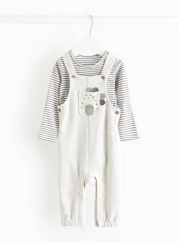 Stripe Bodysuit & Grey Dinosaur Dungarees Set 18-24 months