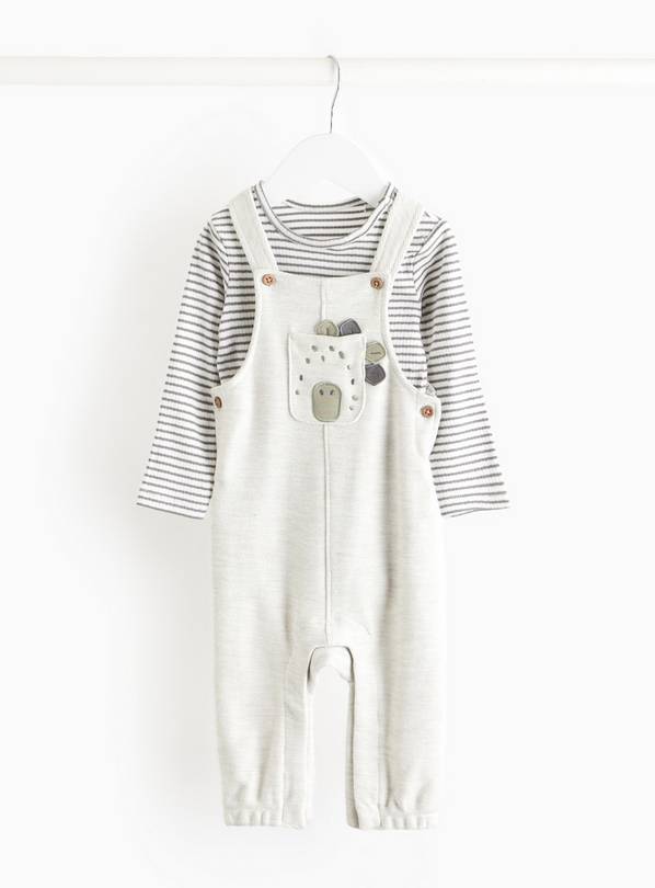 Stripe Bodysuit & Grey Dinosaur Dungarees Set 9-12 months