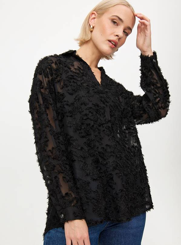 Black Jacquard Feathered Sheer Popover Blouse 18