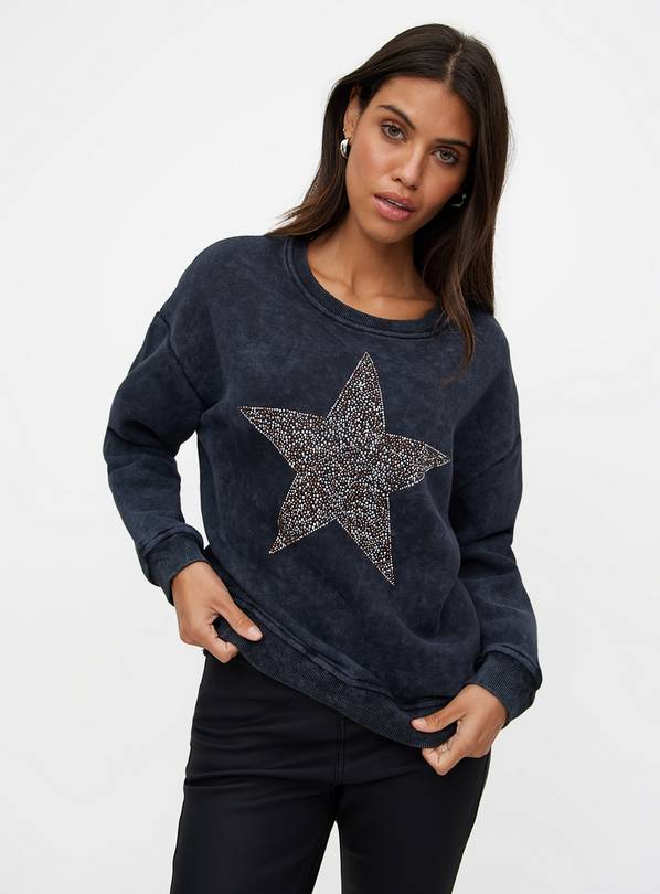 Washed Charcoal Star Print Sweatshirt L