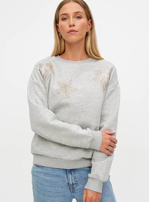 Grey Marl Glitter Star Print Relaxed Fit Sweatshirt XXL