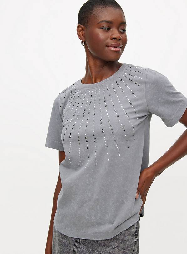 Grey Washed Hotfix Embellished Regular T-Shirt 18