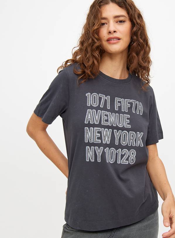 Charcoal Grey New York Slogan Studded T-Shirt  18