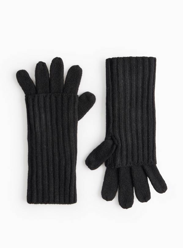 2-in-1 Black Knitted Mitten Gloves  One Size