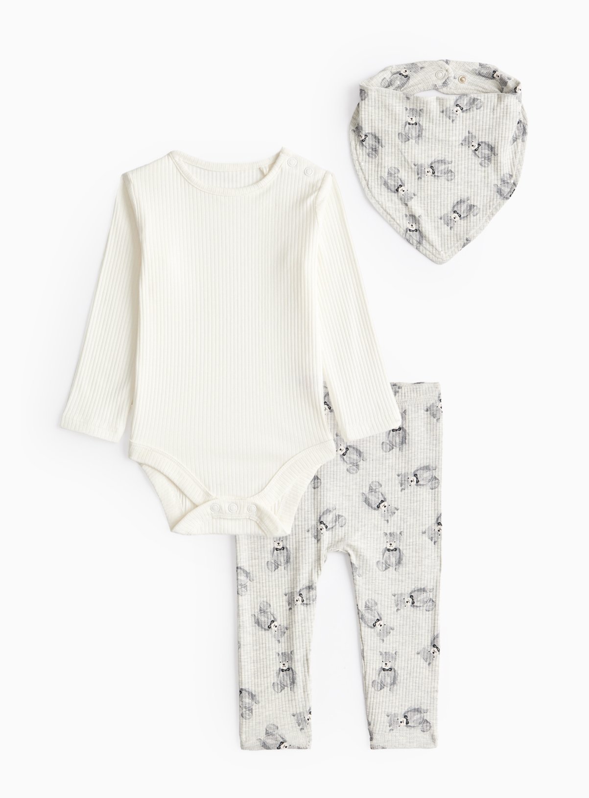 Grey Teddy Bear Print Bib, Bodysuit & Leggings Set (12-18 Months) - Tu by Sainsbury's