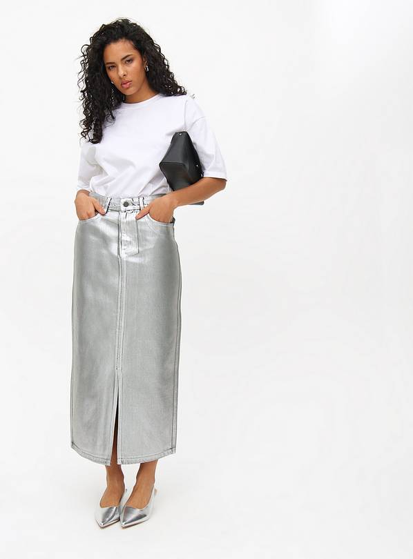 Silver Coated Midaxi Column Denim Skirt 10