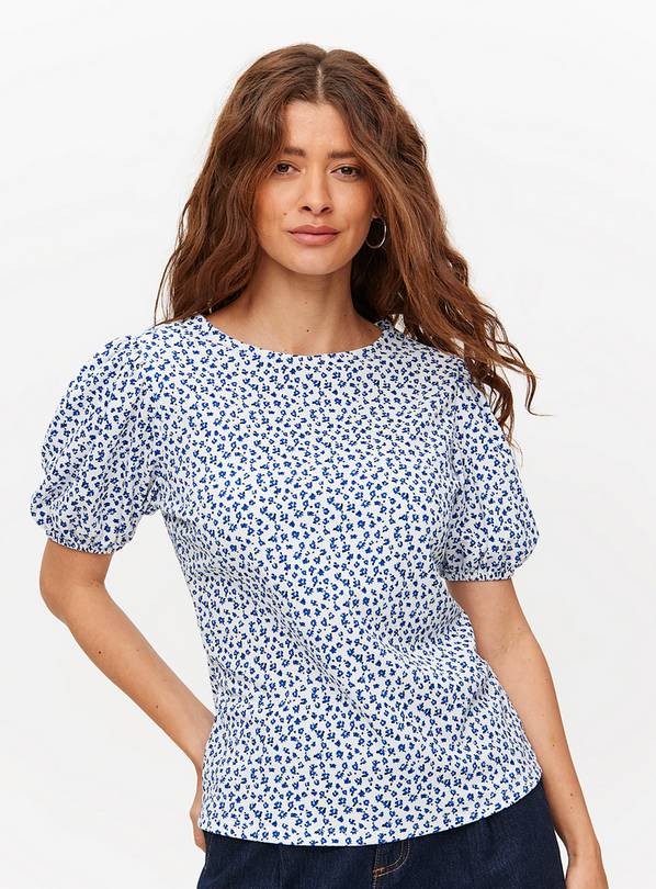 Blue Ditsy Print Puff Sleeve Top 20