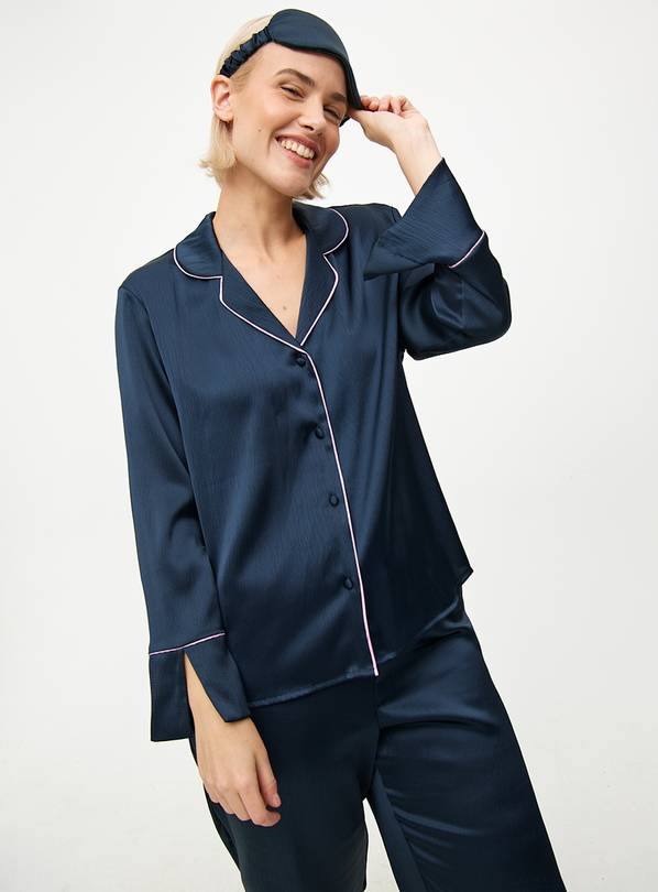 Navy Textured Satin Traditional Pyjamas & Eye Mask Set 18