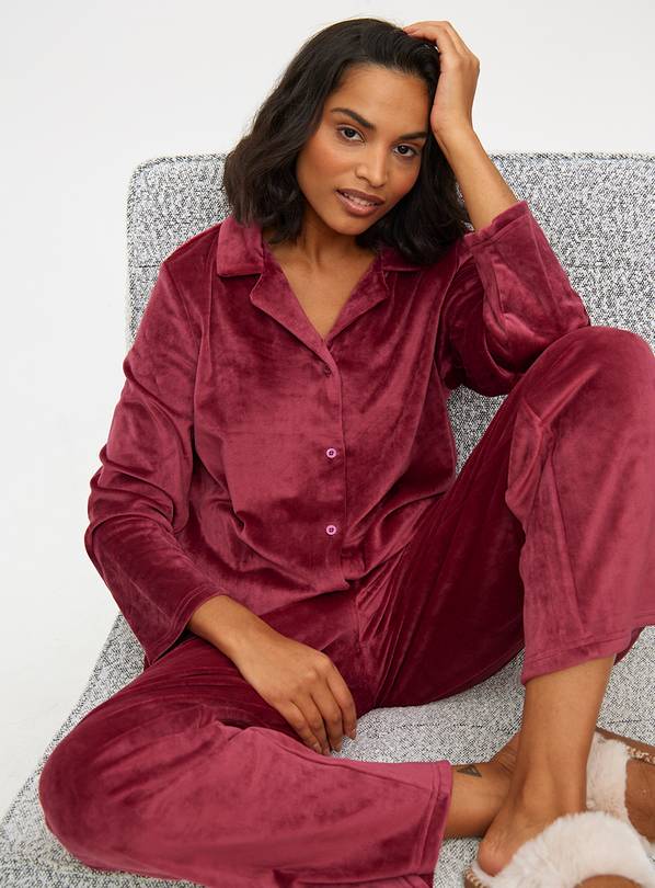 Plum Velour Traditional Long Sleeve Pyjamas M