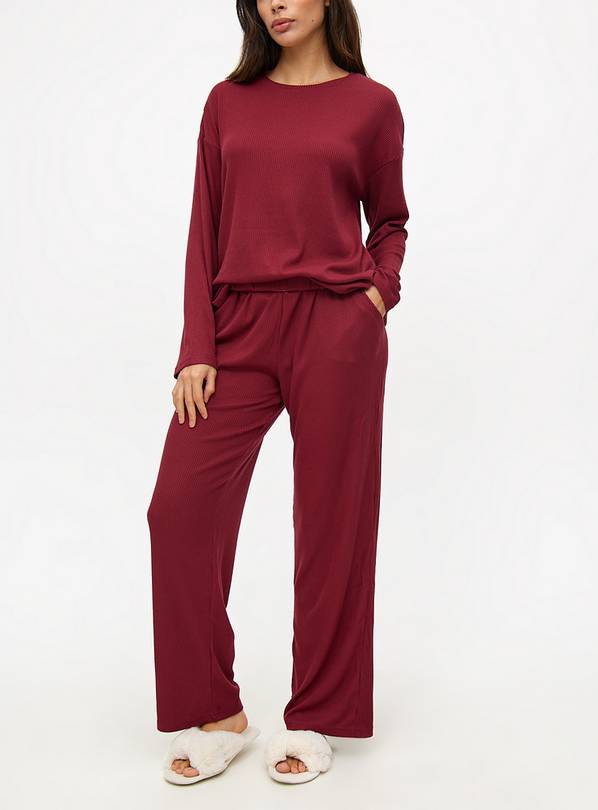 Burgundy Ribbed Wide Leg Co-ord Pyjama Bottoms L