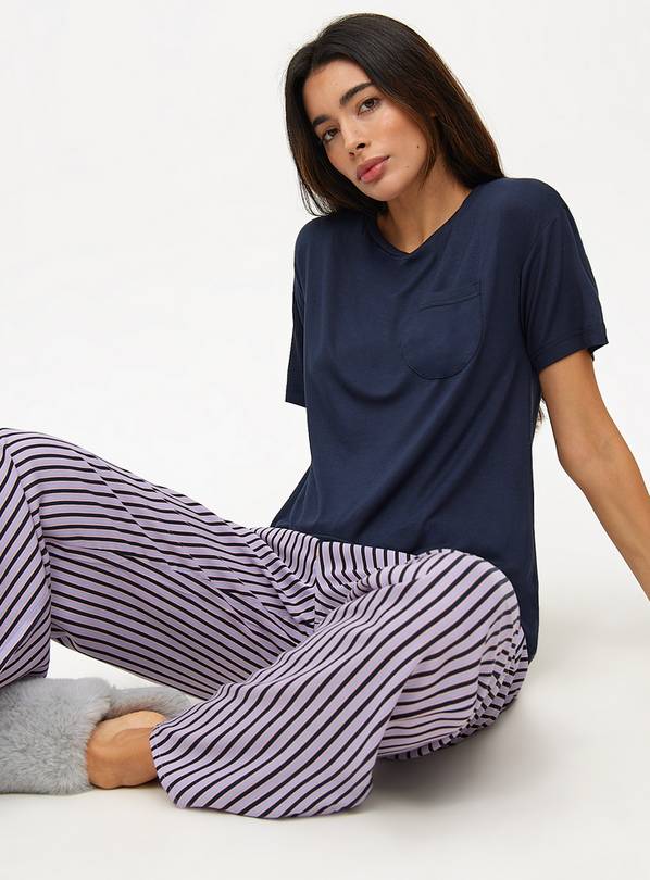 Navy & Pink Striped Pyjama Set M