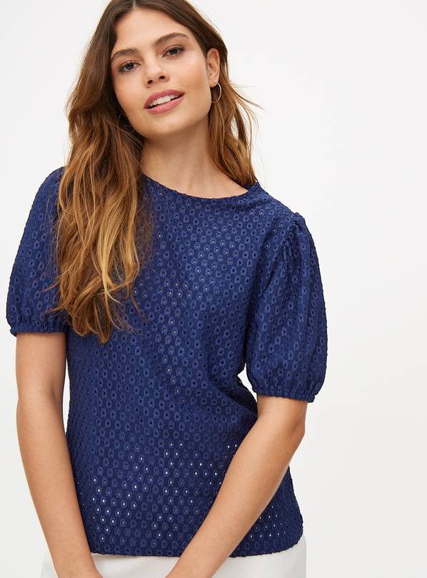 Navy Broderie Puff Sleeve Top 8