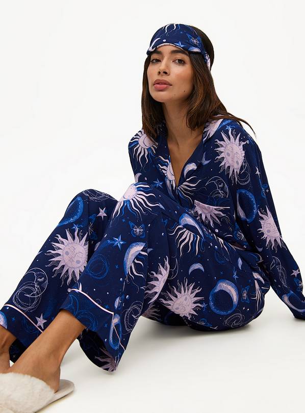 Navy Sun & Moon Print Traditional Pyjamas & Eye Mask Set XS