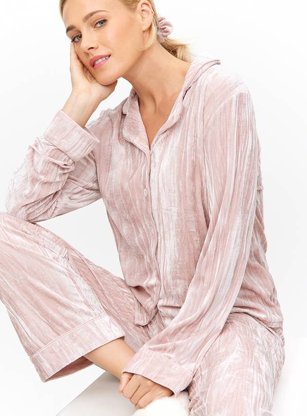 Pink Crinkled Velvet Traditional Pyjamas & Scrunchie Set L