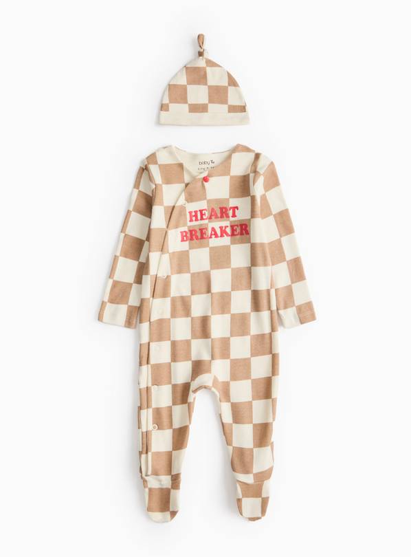 Heartbreaker Beige Chequered Sleepsuit & Hat Set  9-12 months