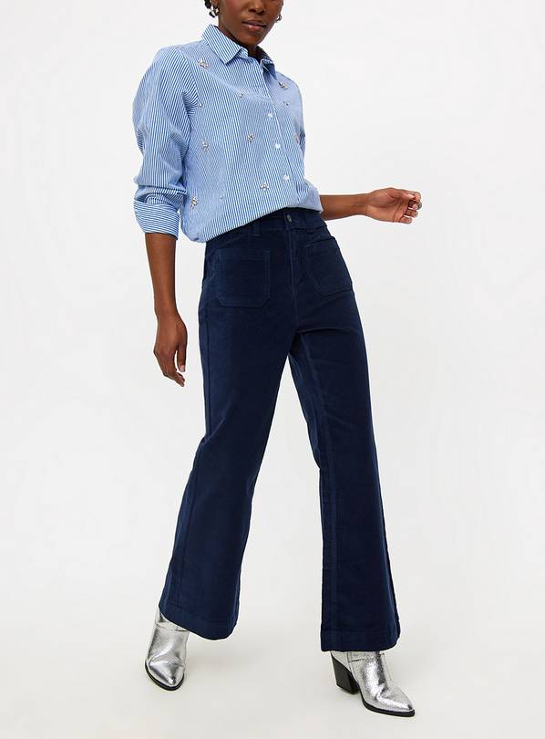 Navy Corduroy Relaxed Flared Trousers 16L