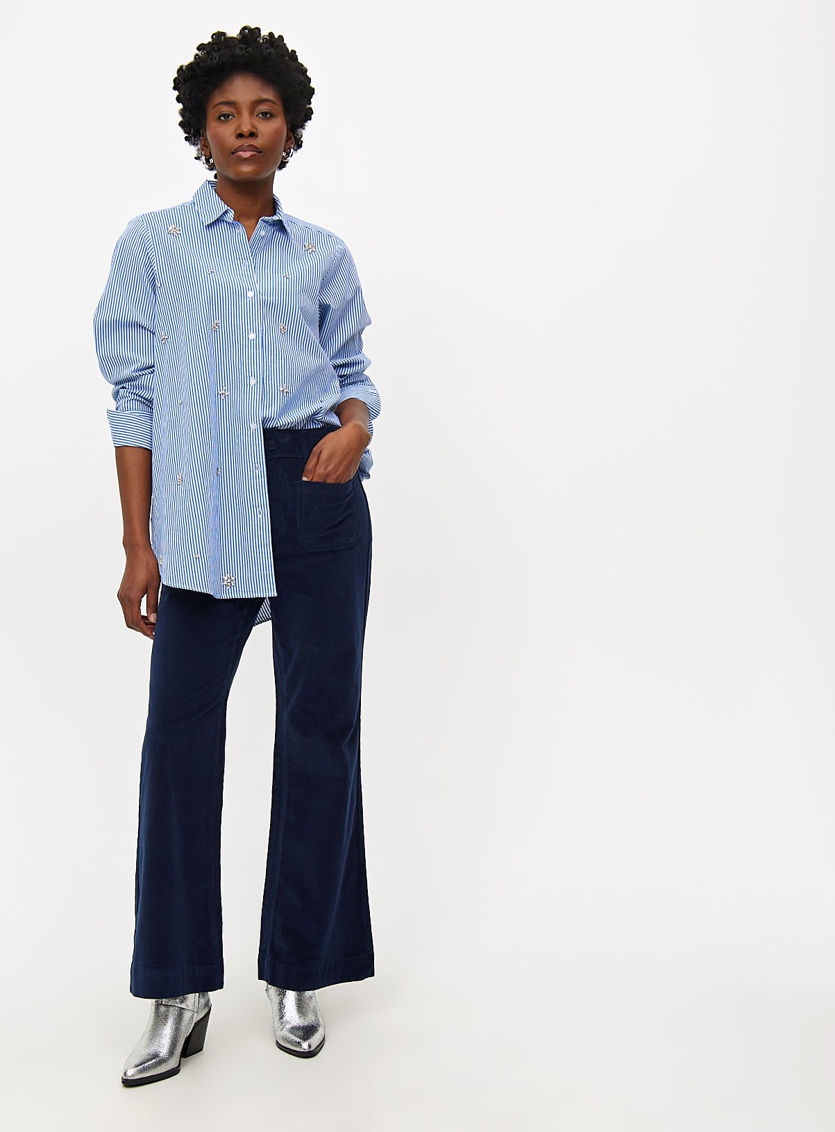 Navy Corduroy Relaxed Flared Trousers 20L - Image 2 thumbnail