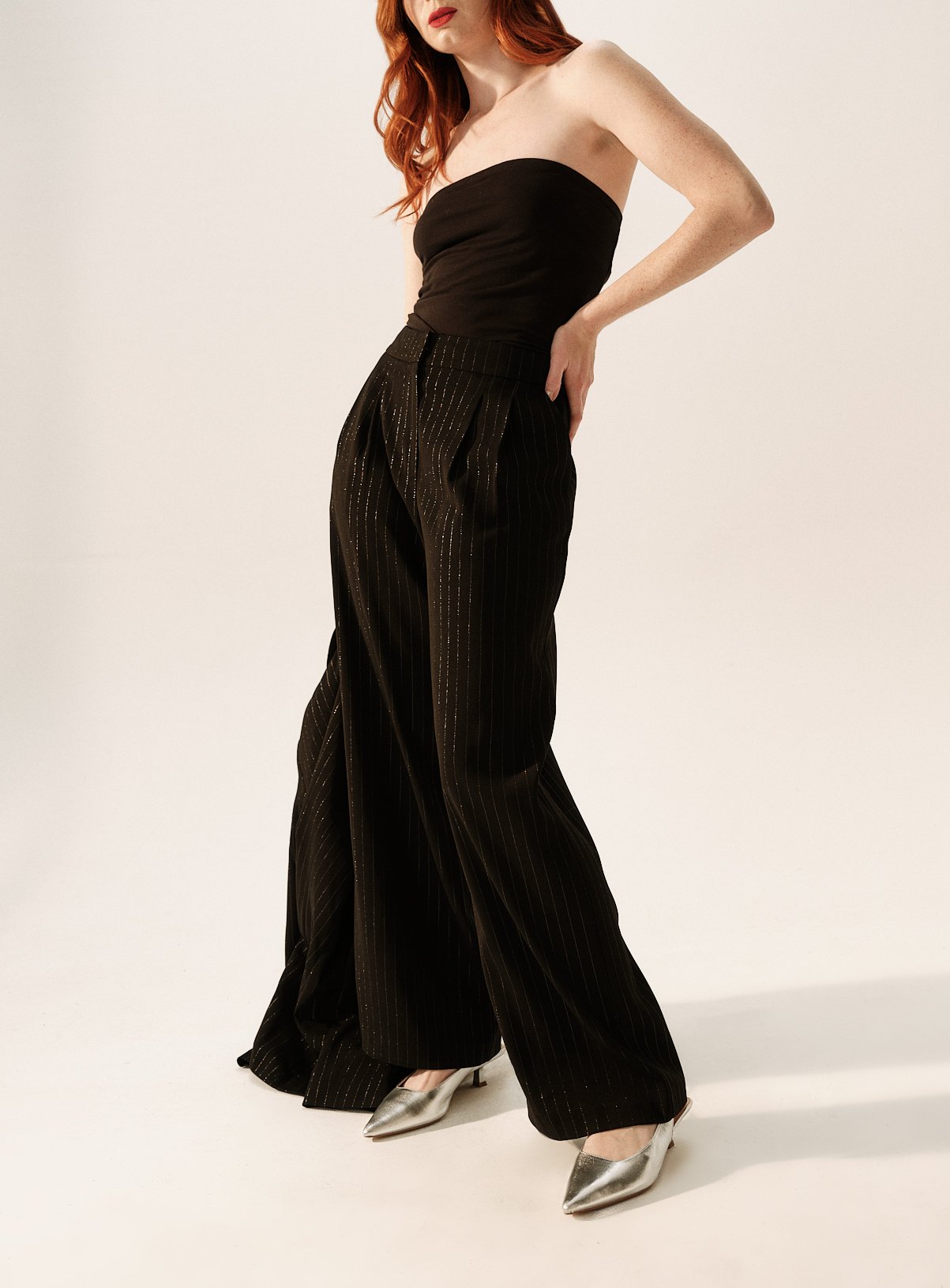 Black Glitter Pinstripe Wide Leg Co-ord Trousers  10S - Image 2 thumbnail
