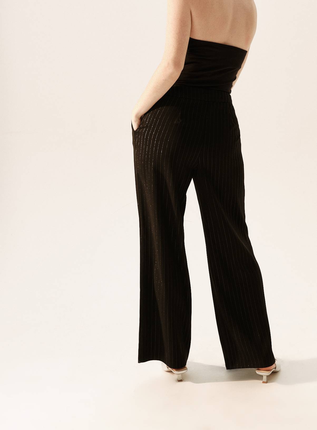 Black Glitter Pinstripe Wide Leg Co-ord Trousers  10S - Image 4