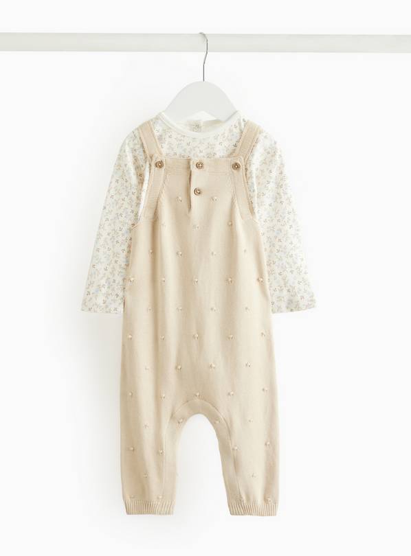 Floral Print Bodysuit & Cream Knitted Dungarees Set  9-12 months