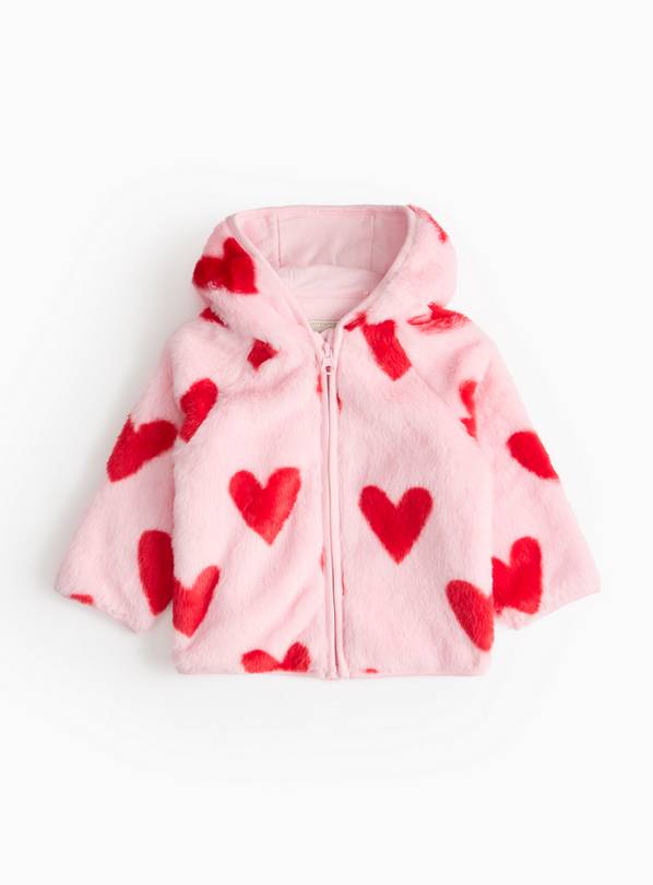 Valentine Pink Heart Fluffy Hooded Jacket 12-18 months