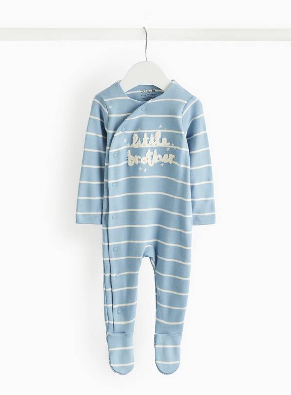 Blue Little Brother Slogan Striped Sleepsuit  Up to 3 mths