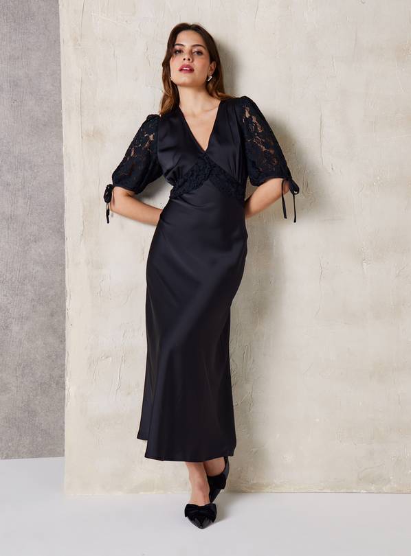 EVERBELLE Black Lace Detail Satin Tea Dress 16