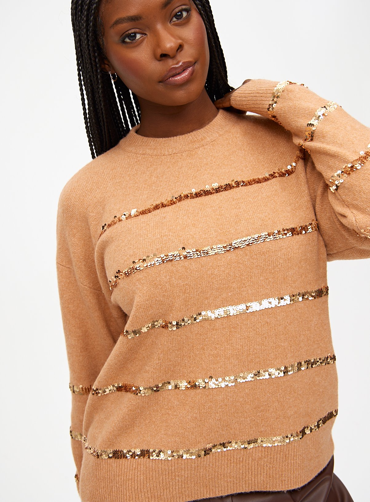 Tan Sequin Stripe Knitted Jumper 18 - Image 1 thumbnail