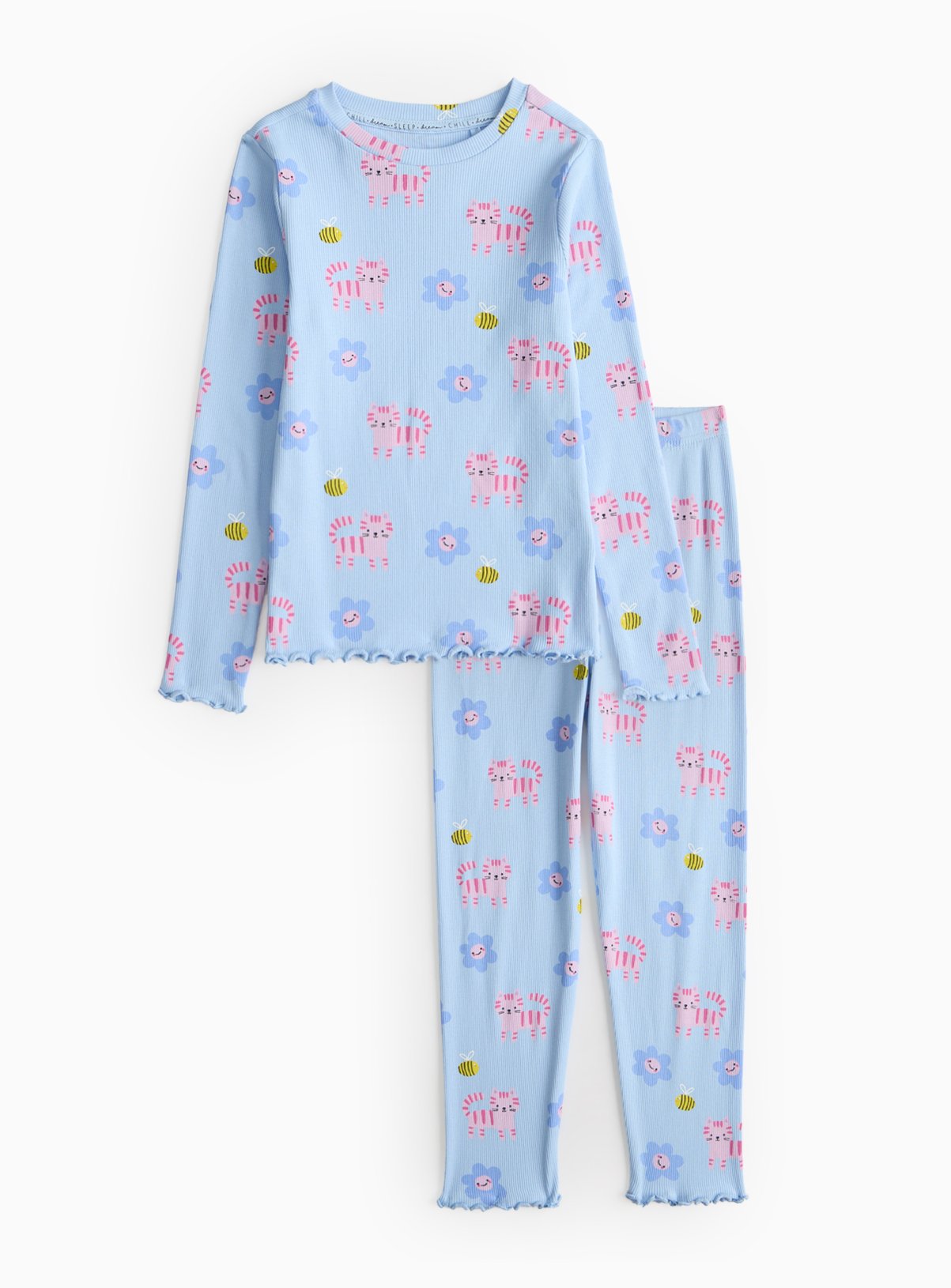 Blue Bee & Cat Print Ribbed Pyjamas 5-6 years