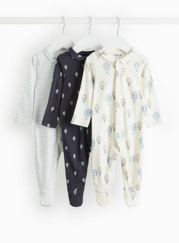 Blue Balloon Print & Striped Sleepsuits 3 Pack Tiny Baby