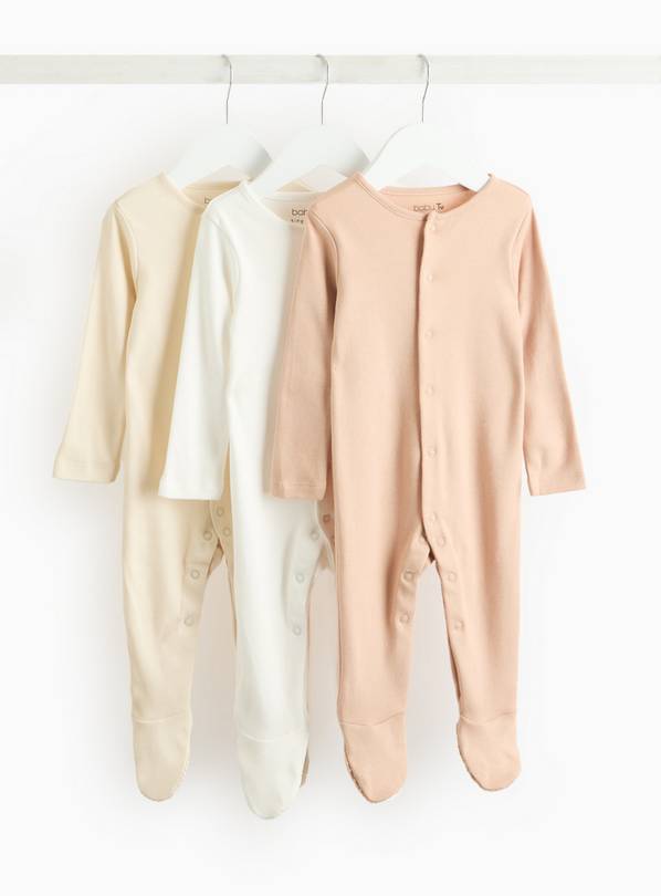 Plain Long Sleeve Sleepsuits 3 Pack 3-6 months