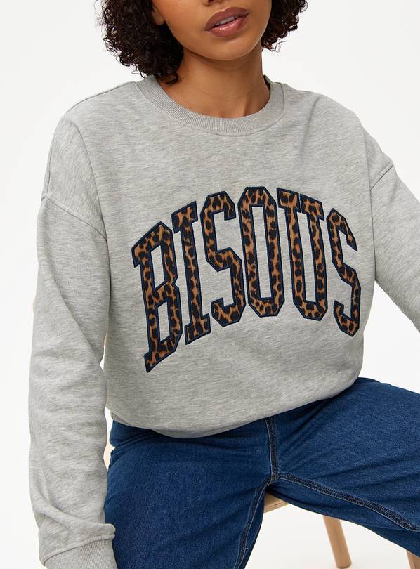 Grey Leopard Bisous Slogan Crew Neck Sweatshirt L