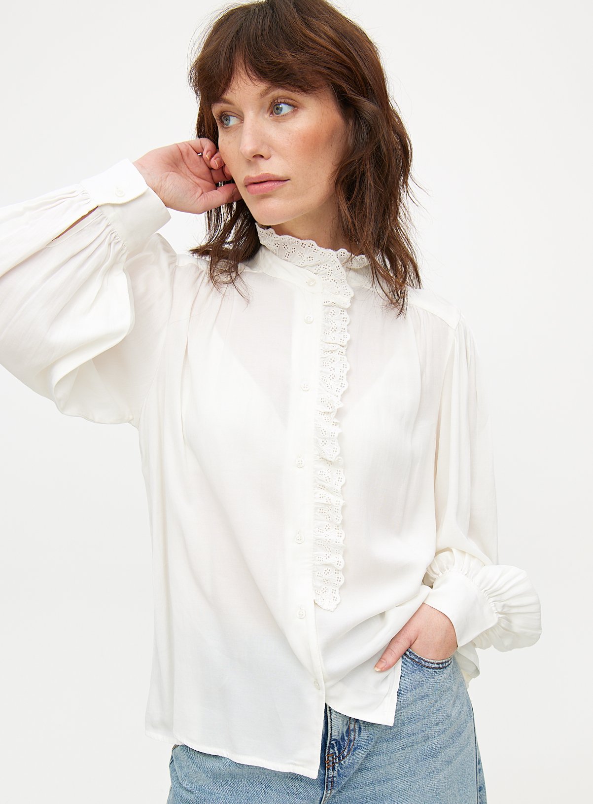 Cream Lace Trim High Neck Long Sleeve Blouse 8 - Image 1 thumbnail