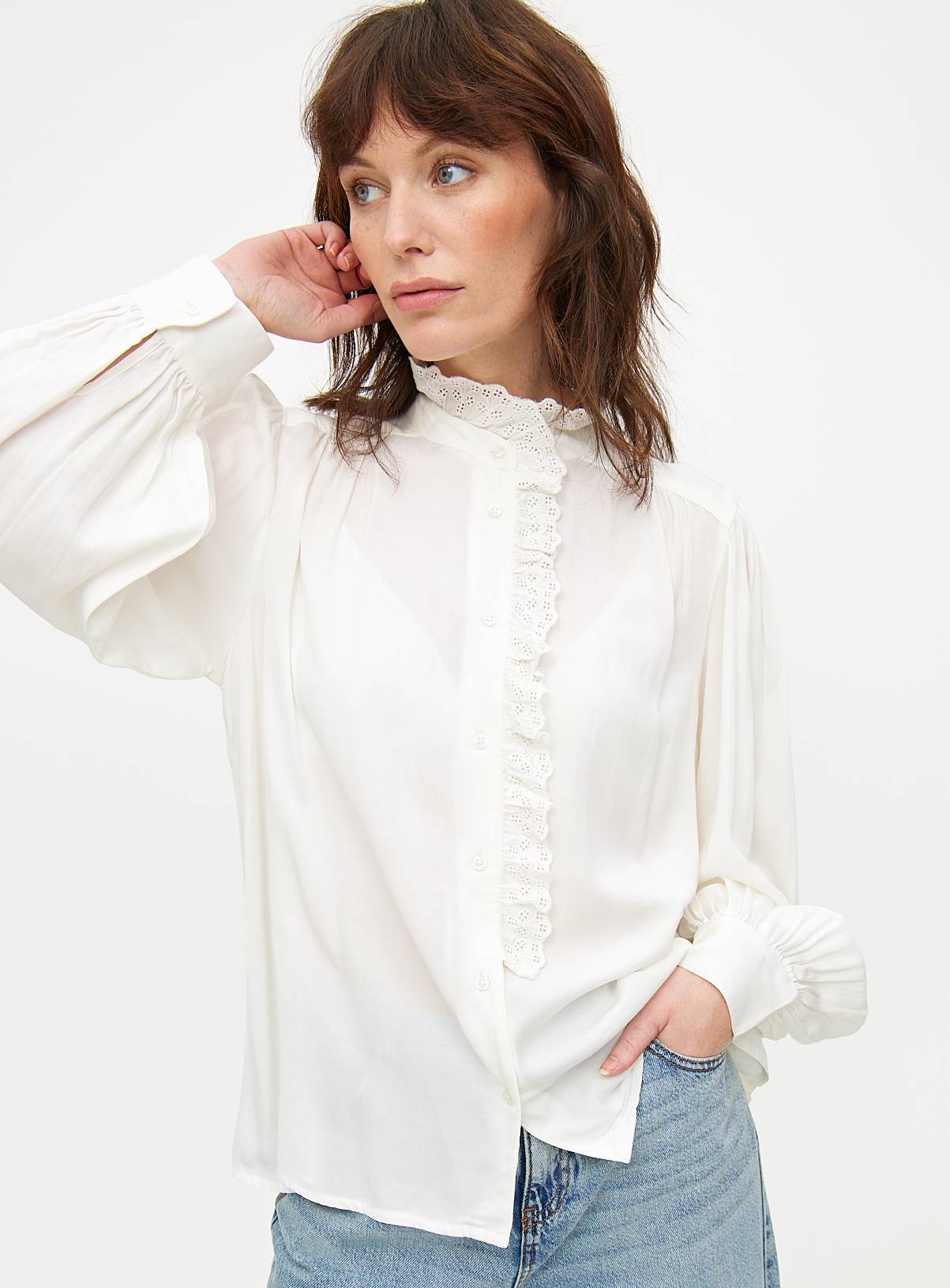 Cream Lace Trim High Neck Long Sleeve Blouse 8 - Image 1