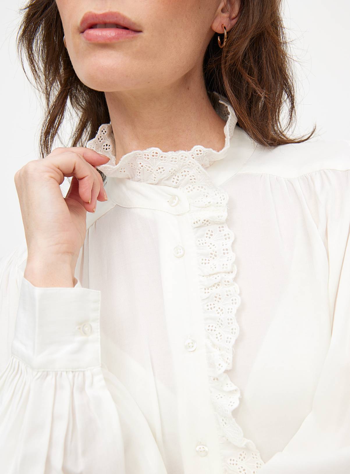 Cream Lace Trim High Neck Long Sleeve Blouse 8 - Image 3