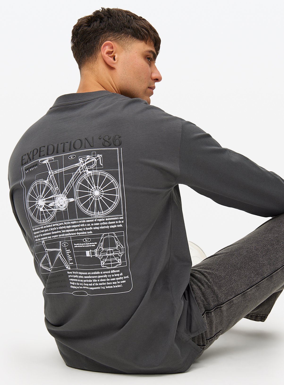 Men's Black Charcoal Bike Graphic Long Sleeve T-Shirt