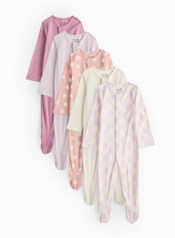 Pink Ribbed Printed Sleepsuit 5 Pack 3-6 months