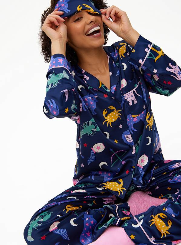 Navy Zodiac Sign Printed Satin Pyjamas & Eye Mask Set 8