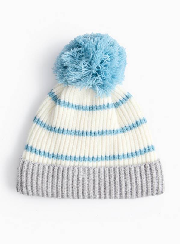 Blue Stripe Knitted Pom Pom Hat 6-12 months